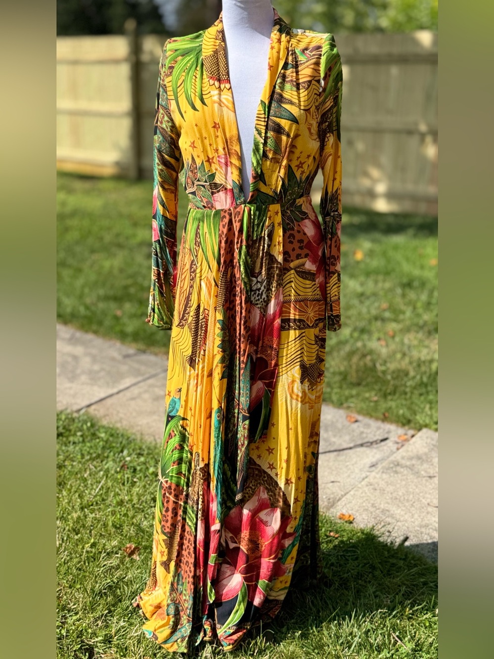 Farm Rio Tropical jungle print long sleeve V-neck maxi dress boho resort - Picture 1 of 13